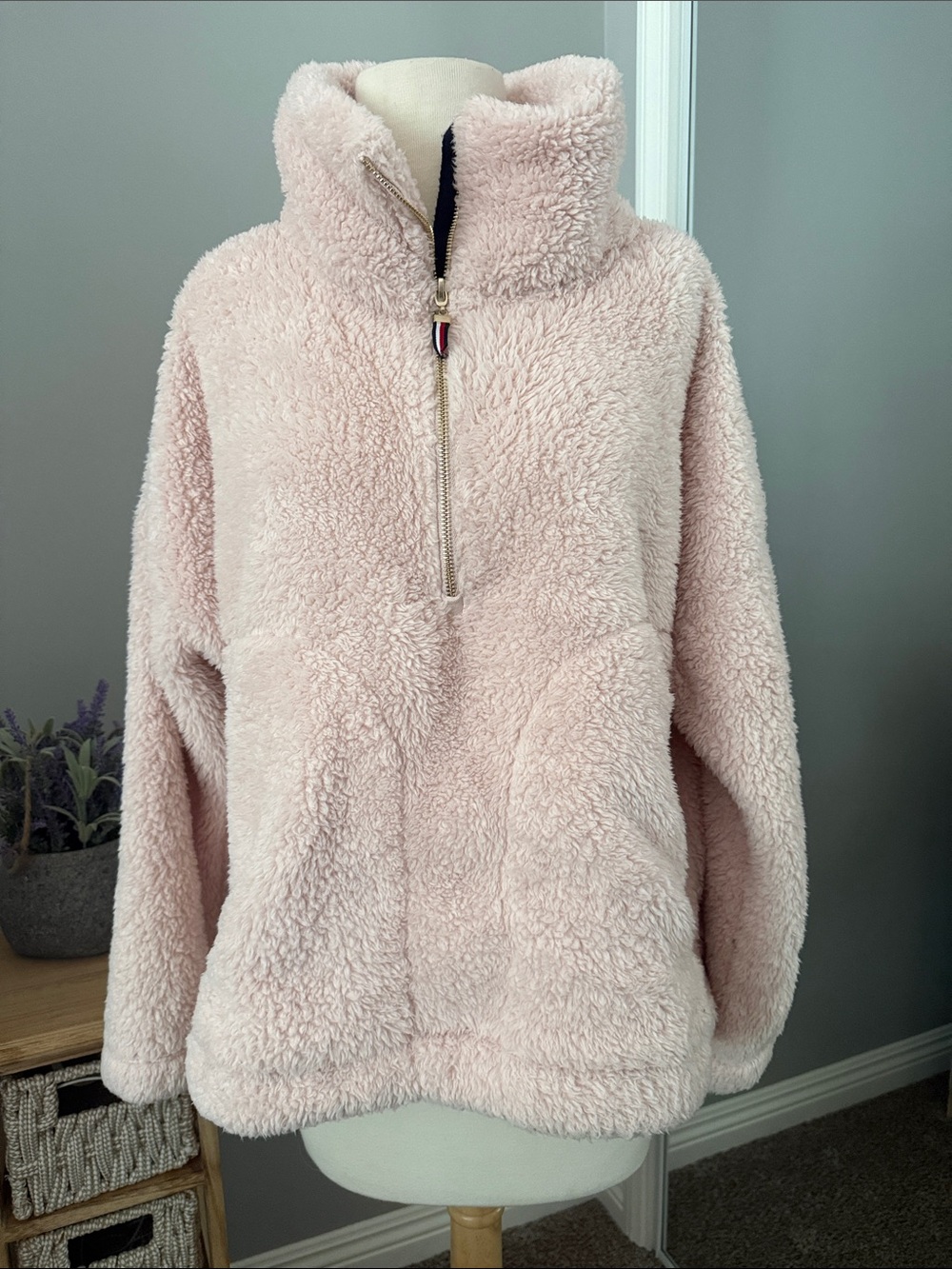 Tommy Hilfiger Faux Fur Half-Zip Pullover in Light Pink
